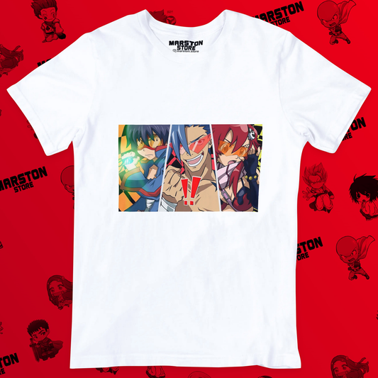 Polera blanca de Tengen Toppa Gurren-Lagann con Simon, Kamina y Yoko Littner