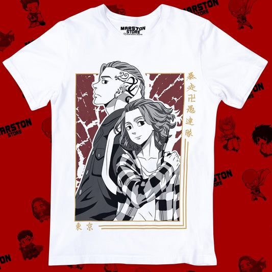 Polera blanca de Tokyo Revengers con Ken Ryuguji (Draken) y Manjiro Sano (Mikey)