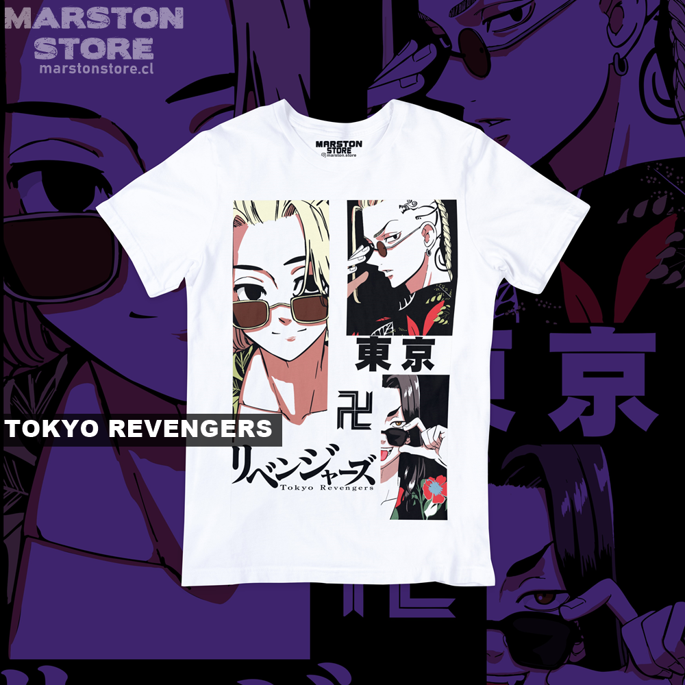 Polera blanca de Tokyo Revengers con Ken Ryuguji (Draken), Manjiro Sano (Mikey) y Keisuke Baji