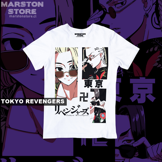 Polera blanca de Tokyo Revengers con Ken Ryuguji (Draken), Manjiro Sano (Mikey) y Keisuke Baji