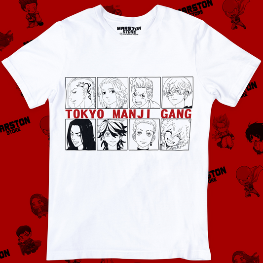 Polera blanca de Tokyo Revengers con personajes de Tokyo Manji Gang