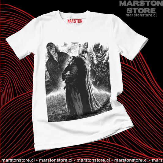 Polera blanca crossover Vagabond x Berserk con Musashi y Guts