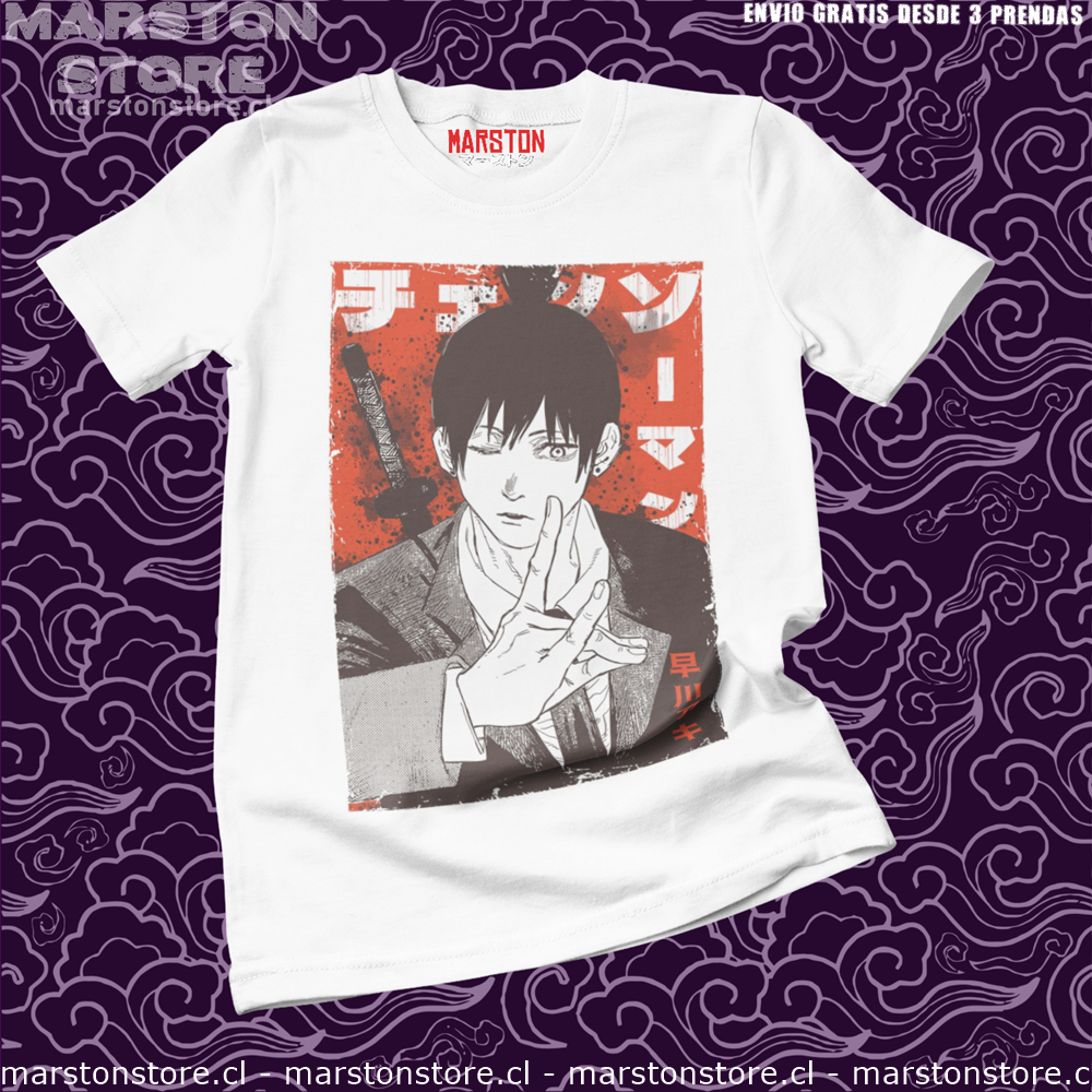 Polera blanca Chainsaw Man con diseño de Aki Hayakawa