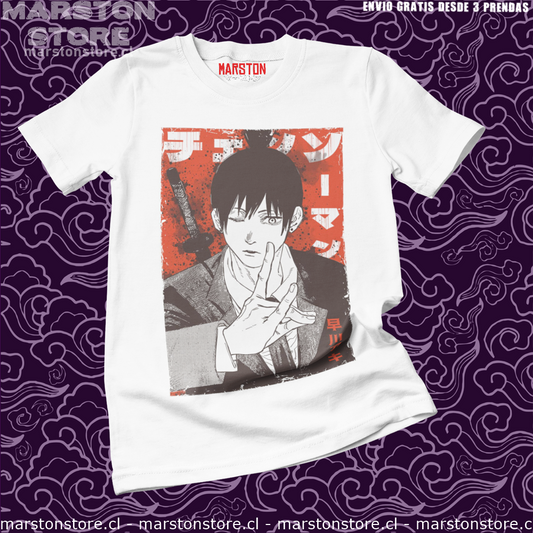 Polera blanca Chainsaw Man con diseño de Aki Hayakawa