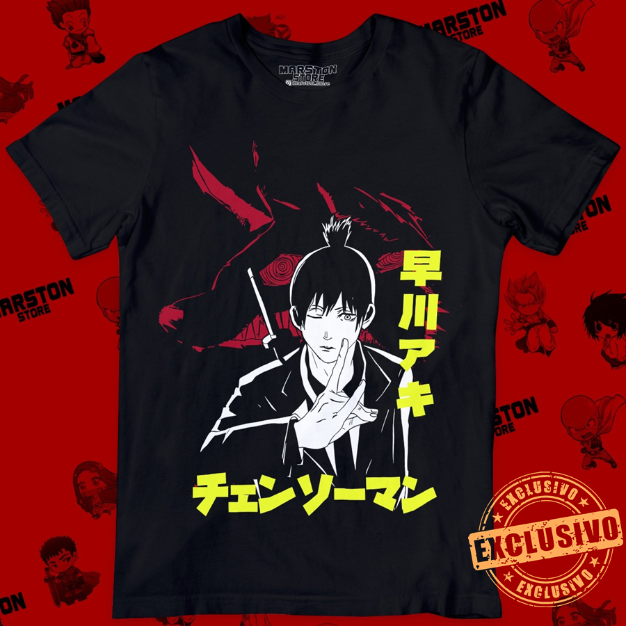 Polera negra Chainsaw Man con diseño de Aki Hayakawa