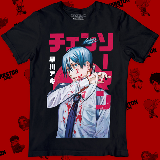Polera negra Chainsaw Man con diseño de Aki Hayakawa