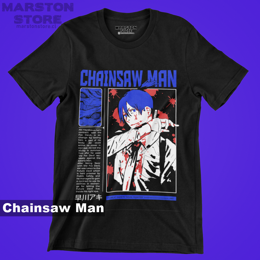 Polera negra Chainsaw Man con diseño de Aki Hayakawa