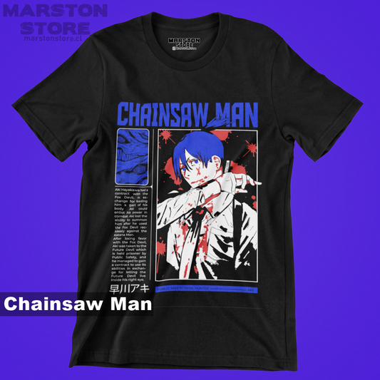 Polera negra Chainsaw Man con diseño de Aki Hayakawa