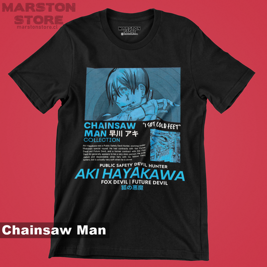 Polera negra Chainsaw Man con diseño de Aki Hayakawa