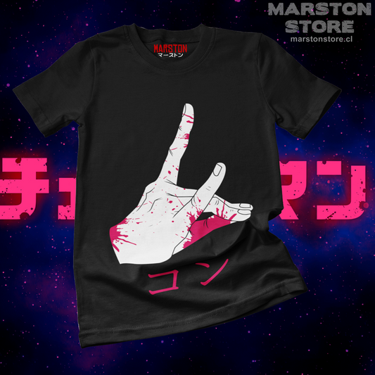 Polera negra Chainsaw Man con diseño de Aki Hayakawa