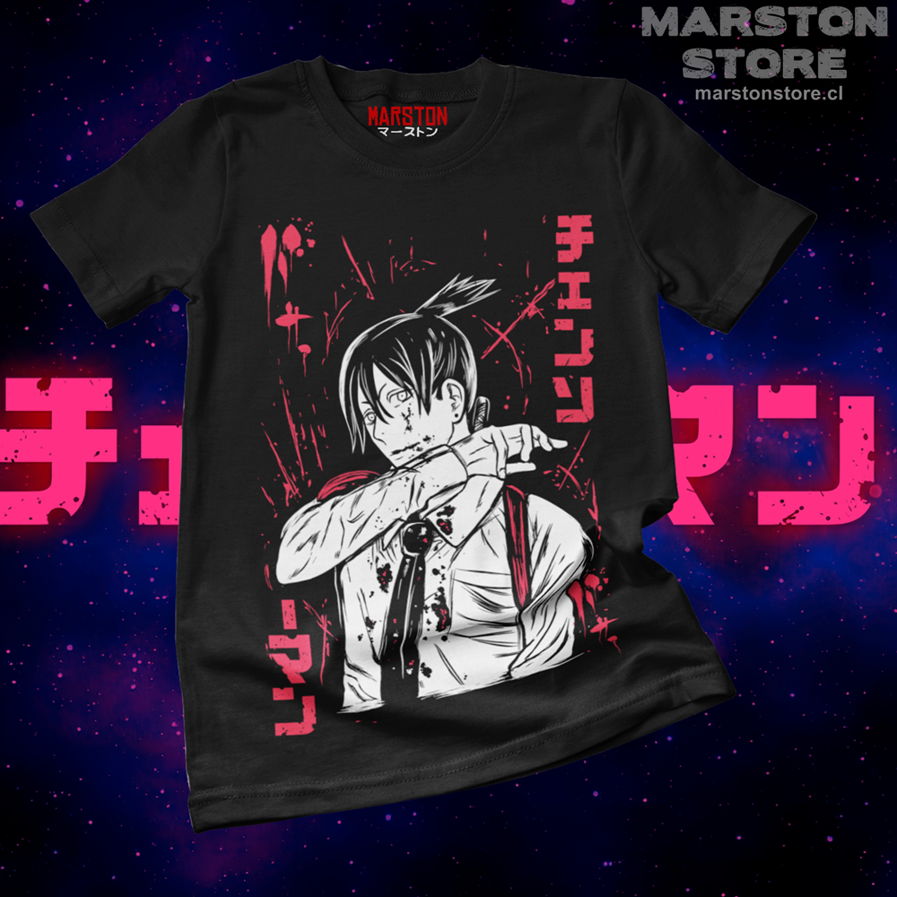 Polera negra Chainsaw Man con diseño de Aki Hayakawa