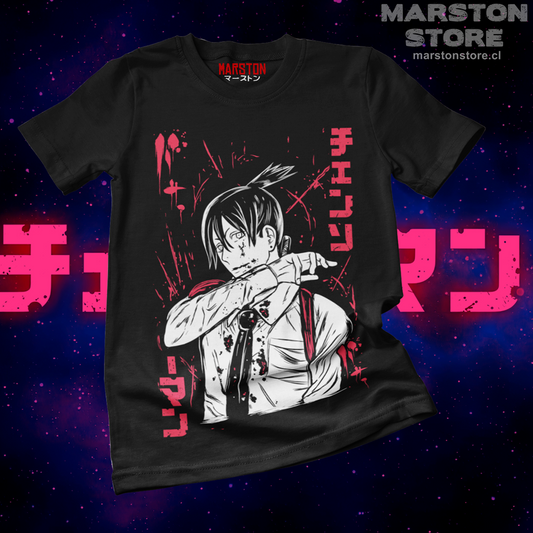 Polera negra Chainsaw Man con diseño de Aki Hayakawa