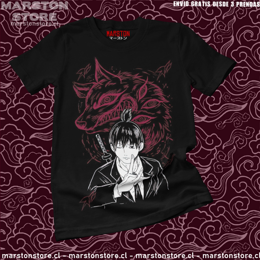 Polera negra Chainsaw Man con diseño de Aki Hayakawa