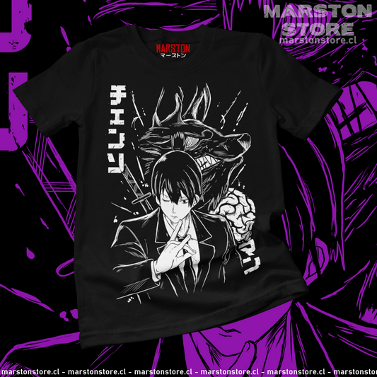 Polera negra Chainsaw Man con diseño de Aki Hayakawa