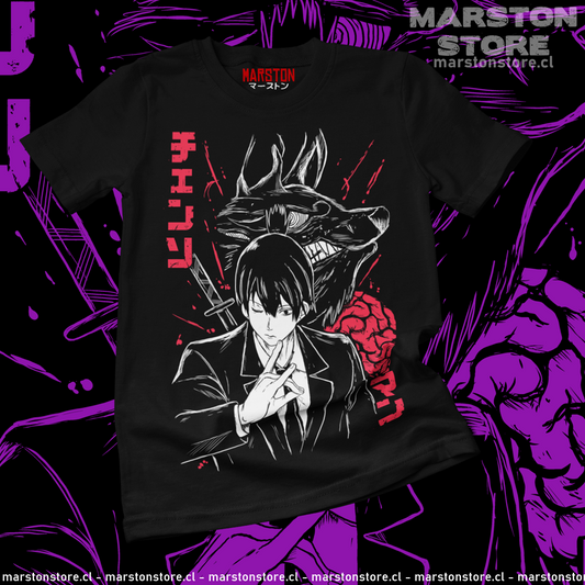 Polera negra Chainsaw Man con diseño de Aki Hayakawa