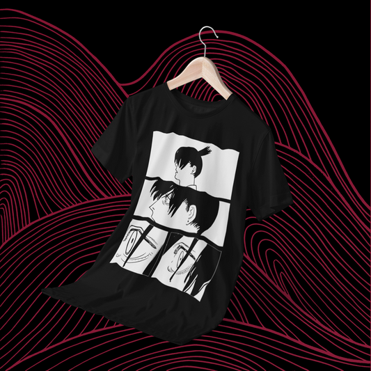 Polera negra Chainsaw Man con diseño de Aki Hayakawa