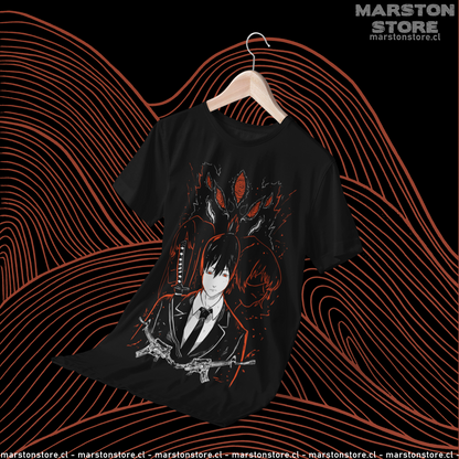 Polera negra Chainsaw Man con diseño de Aki Hayakawa