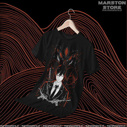 Polera negra Chainsaw Man con diseño de Aki Hayakawa