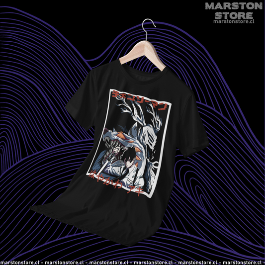 Polera negra Chainsaw Man con diseño de Aki Hayakawa