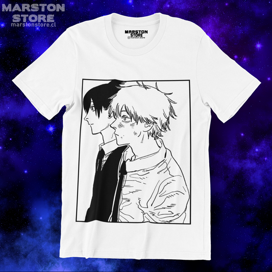 Polera blanca Chainsaw Man con Denji y Aki Hayakawa