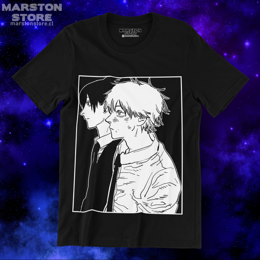 Polera negra Chainsaw Man con Denji y Aki Hayakawa