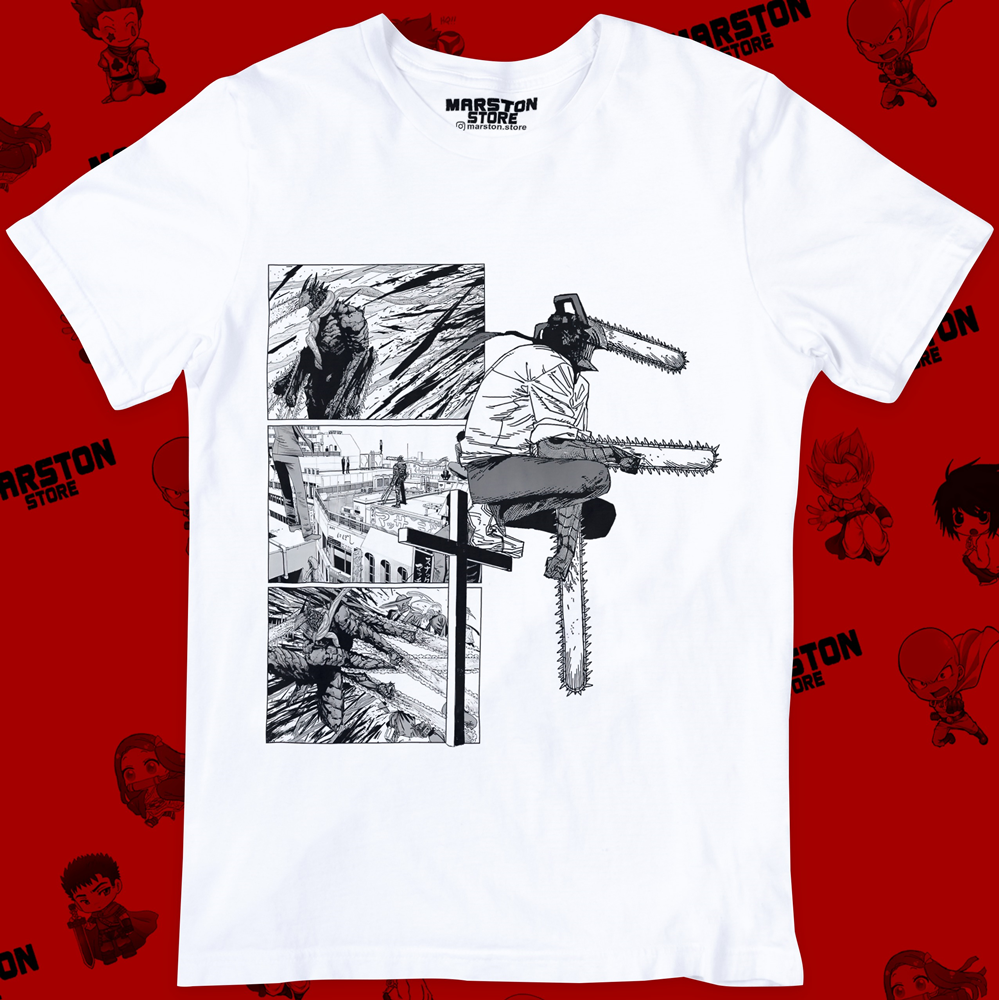 Polera blanca Chainsaw Man con diseño de Denji