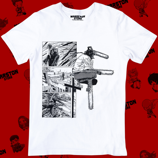 Polera blanca Chainsaw Man con diseño de Denji