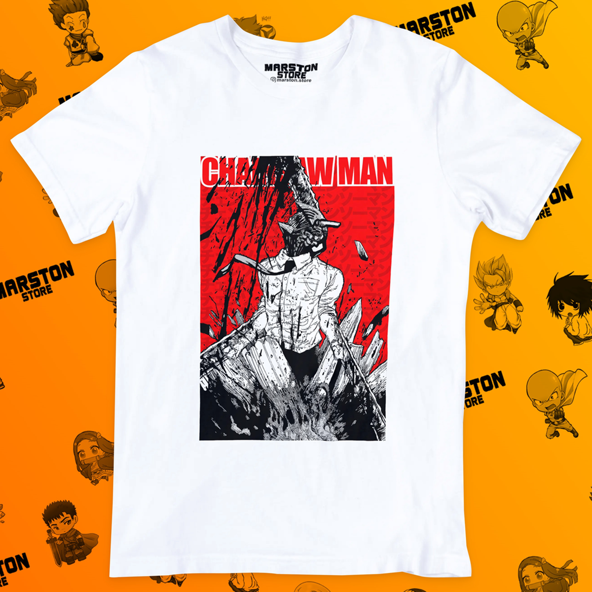 Polera blanca Chainsaw Man con diseño de Denji