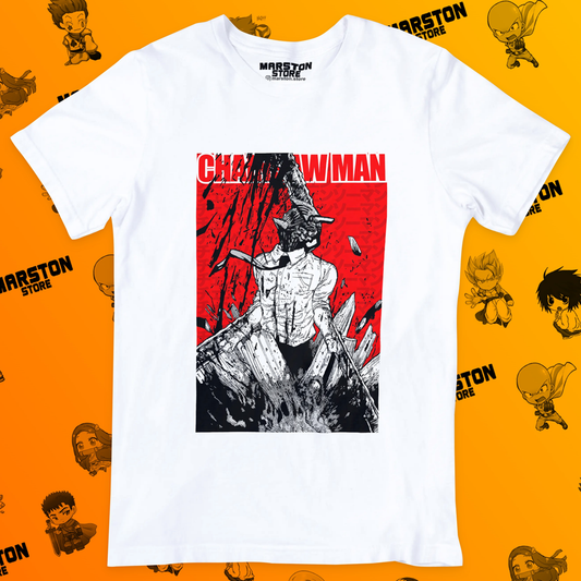 Polera blanca Chainsaw Man con diseño de Denji