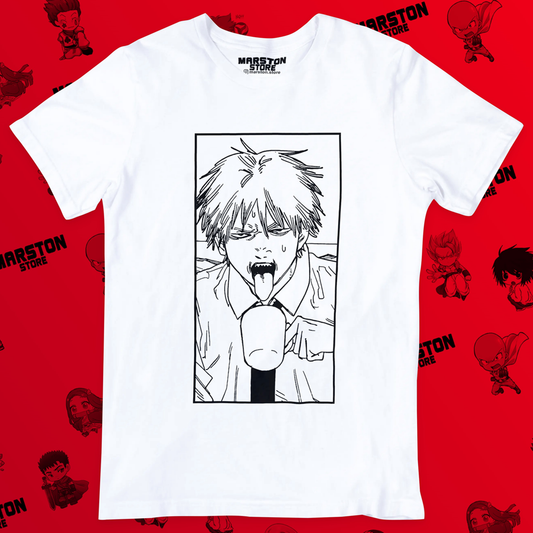 Polera blanca Chainsaw Man con diseño de Denji