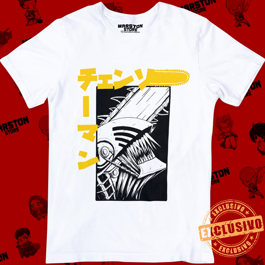Polera blanca Chainsaw Man con diseño de Denji