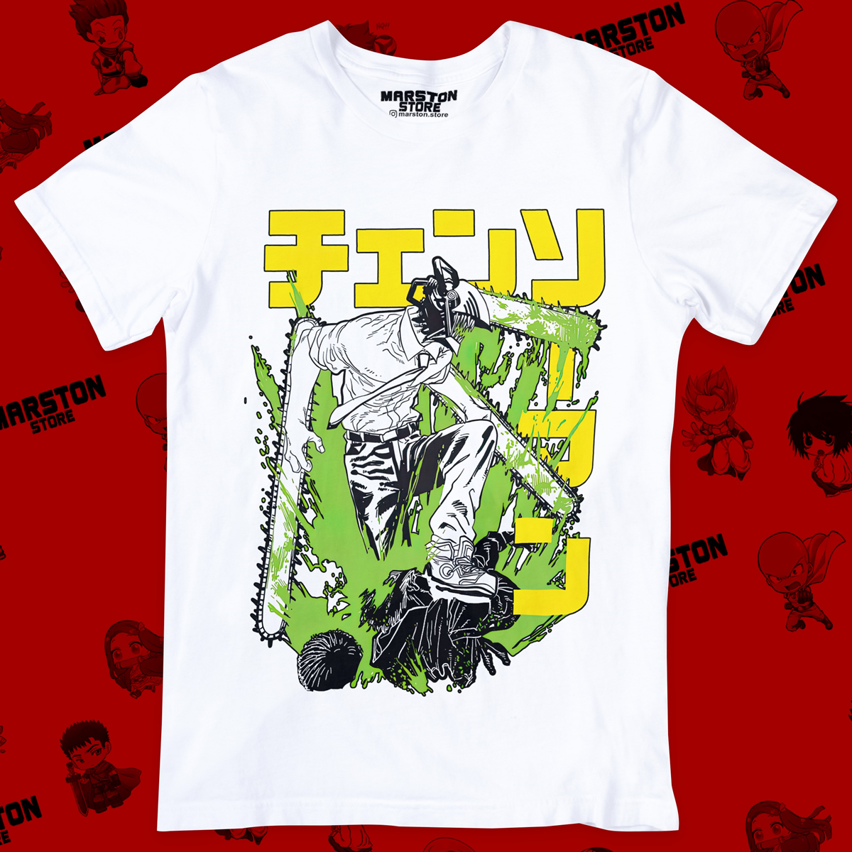 Polera blanca Chainsaw Man con diseño de Denji