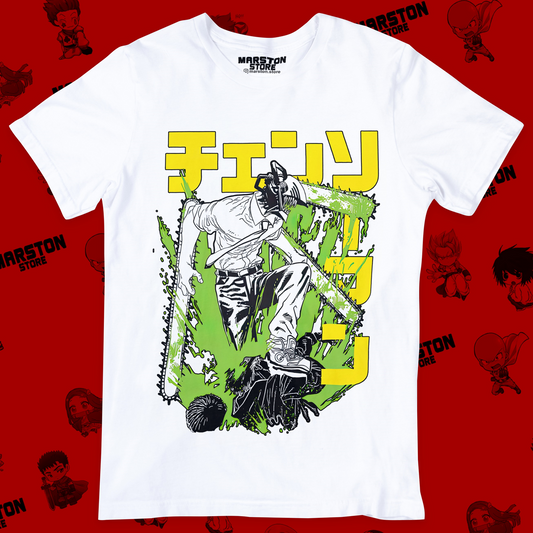 Polera blanca Chainsaw Man con diseño de Denji