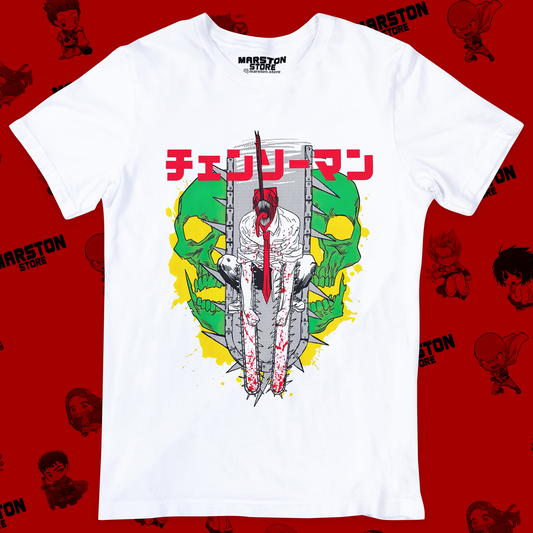Polera blanca Chainsaw Man con diseño de Denji