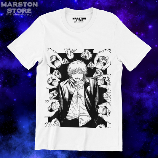 Polera blanca Chainsaw Man con diseño de Denji