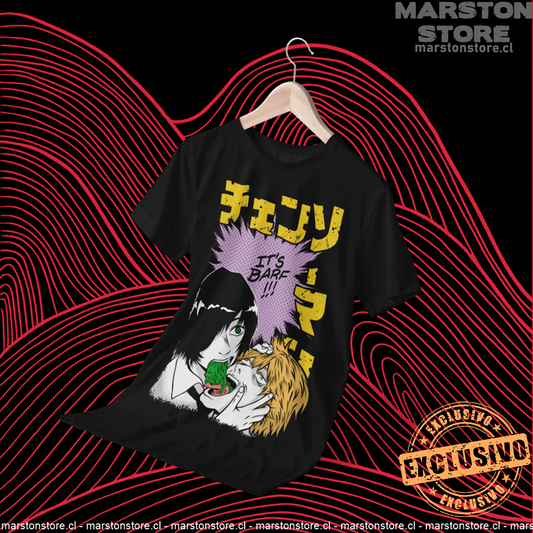 Polera negra Chainsaw Man con Denji y Himeno