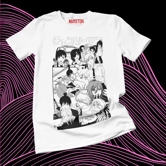 Polera blanca Chainsaw Man con Denji, Kobeni Higashiyama, Aki Hayakawa, Angel Devil, Power y Himeno