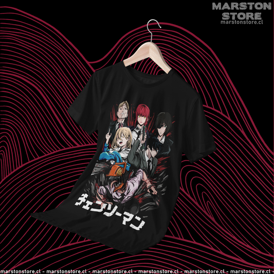Polera negra Chainsaw Man con Denji, Makima, Himeno, Power, Aki Hayakawa y Kishibe