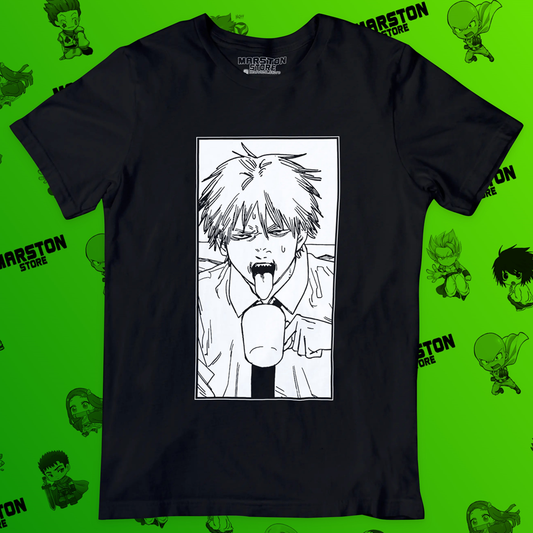 Polera negra Chainsaw Man con diseño de Denji