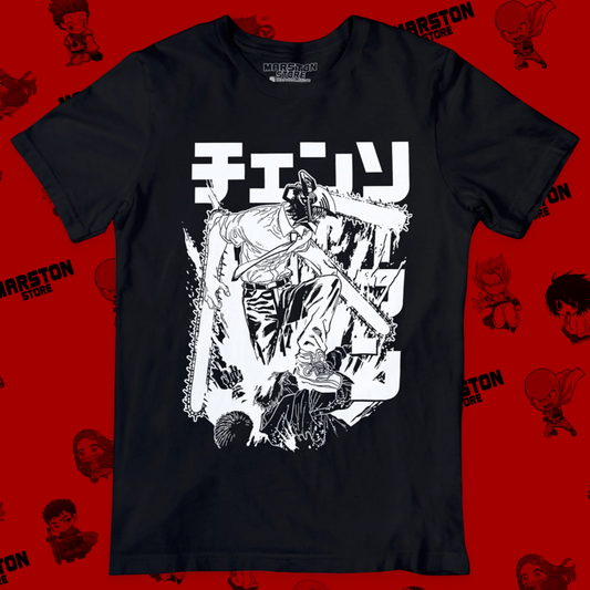 Polera negra Chainsaw Man con diseño de Denji