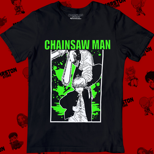 Polera negra Chainsaw Man con diseño de Denji