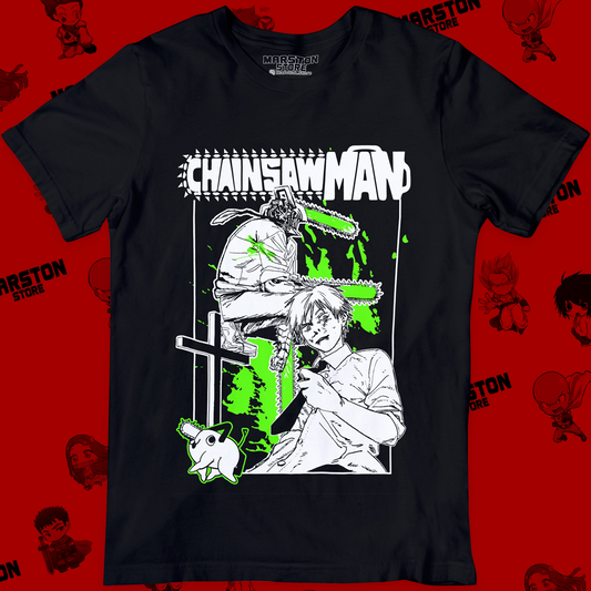 Polera negra Chainsaw Man con diseño de Denji