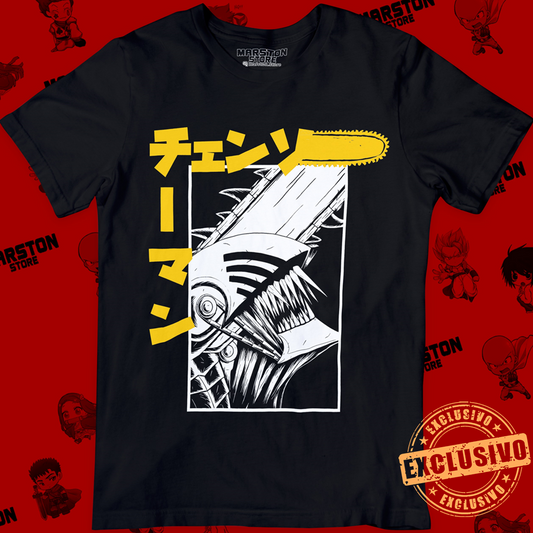 Polera negra Chainsaw Man con diseño de Denji
