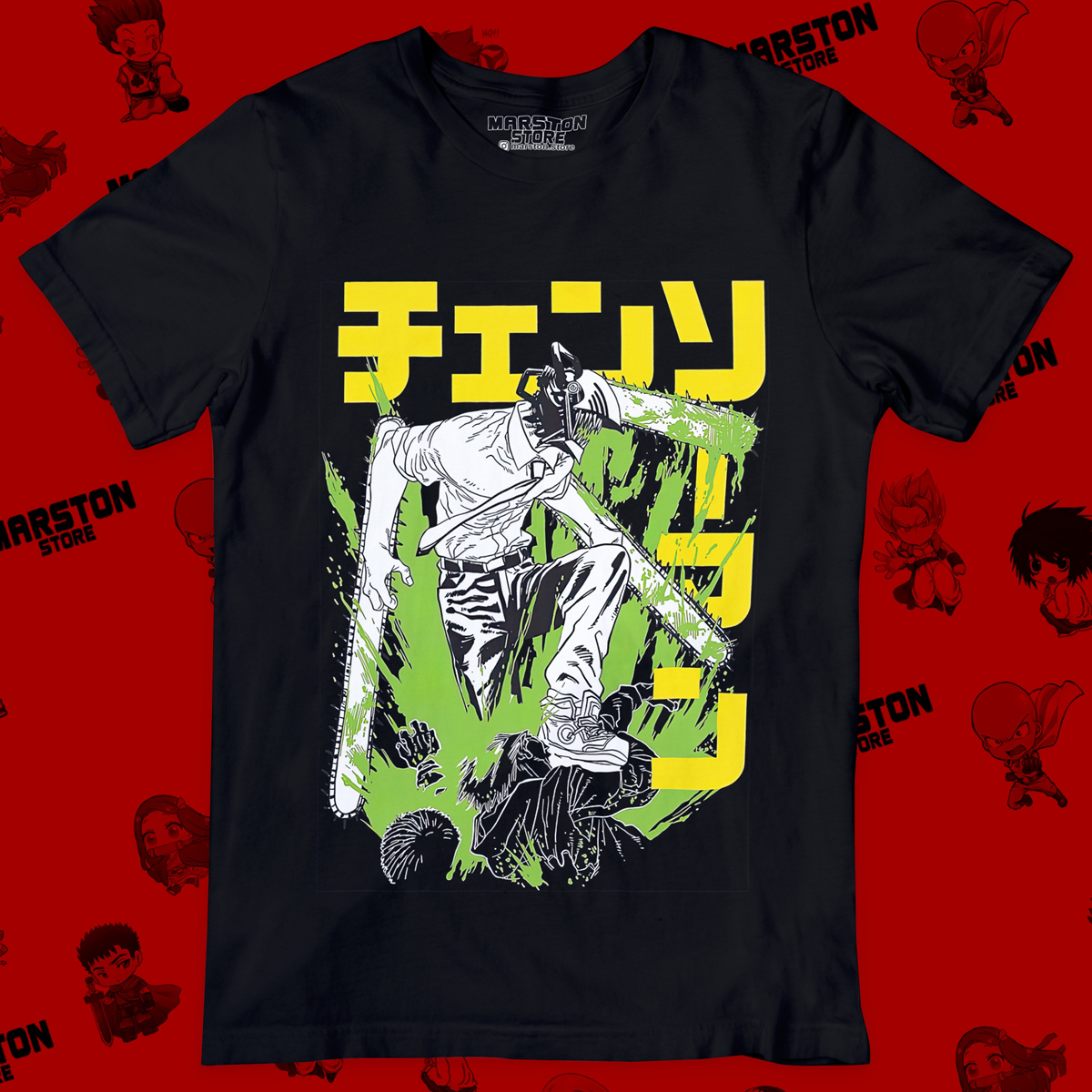 Polera negra Chainsaw Man con diseño de Denji