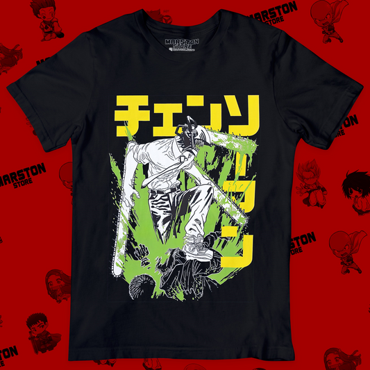 Polera negra Chainsaw Man con diseño de Denji
