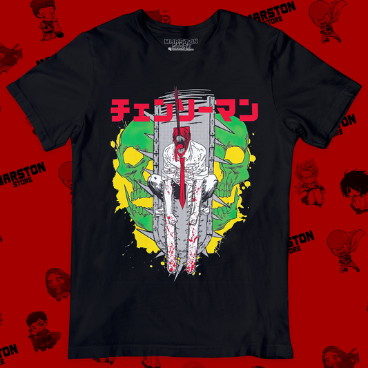 Polera negra Chainsaw Man con diseño de Denji