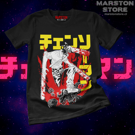 Polera negra Chainsaw Man con diseño de Denji