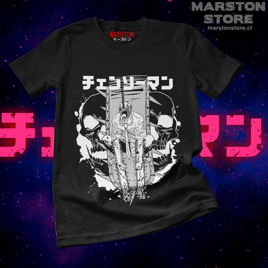 Polera negra Chainsaw Man con diseño de Denji