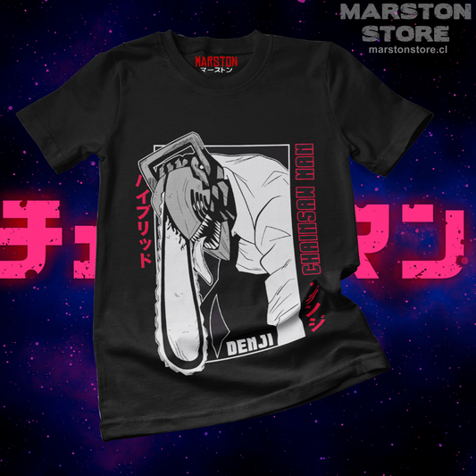 Polera negra Chainsaw Man con diseño de Denji