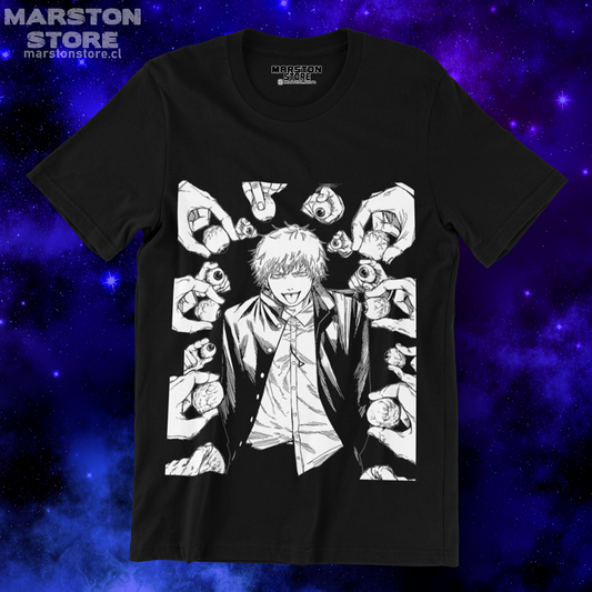 Polera negra Chainsaw Man con diseño de Denji